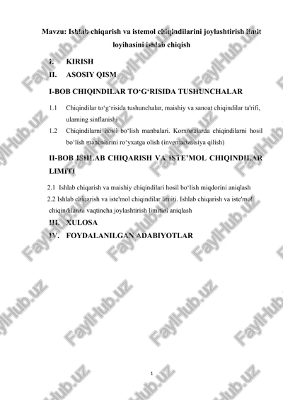 ishlab chiqarish va istemol chiqindilarini joylashtirish limit loyihasi — DOCX