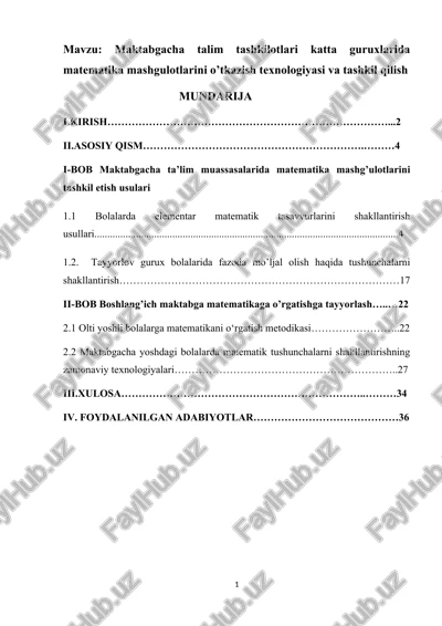 maktabgacha talim tashkilotlari katta guruxlarida matematika mashgulotlarini o’tkazish texnologiyasi va tashkil qilish — DOCX