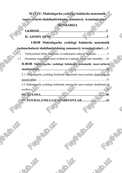maktabgacha yoshdagi bolalarda matematik taasvvurlarni shakllantirishning zamonaviy texnologiyalari — DOCX