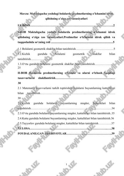 maktabgacha yoshdagi bolalarda predmetlarning o' lchamini idrok qilishning o'ziga xos xususiyatlari — DOCX