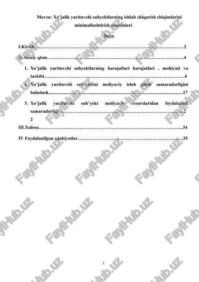 xo’jalik yurituvchi subyektlarning ishlab chiqarish chiqimlarini minimallashtirish masalalari — DOCX