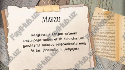 integratsiyalashgan ta’limni amaliyotga tadbiq etish bo‘yicha turli guruhlarga mansub respondentlarning fikrlari (sotsiologik tadqiqot) — PPTX