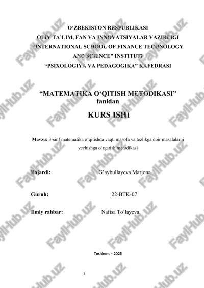 3-sinf matematika o‘qitishda vaqt, masofa va tezlikga doir masalalarni yechishga o‘rgatish metodikasi 3-sinf matematika o‘qitishda vaqt, masofa va tezlikga doir masalalarni yechishga o‘rgatish metodikasi — DOCX