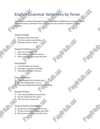 english grammar sentences by tense — DOCX