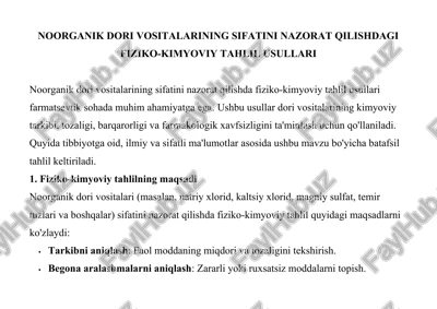 noorganik dori vositalarining sifatini nazorat qilishdagi fiziko-kimyoviy tahlil usullari — DOCX