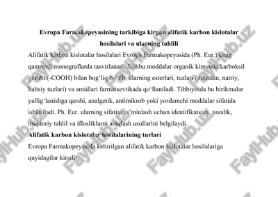 alifatik karbon kislotalar hosilalari va ularning tahlili — DOCX