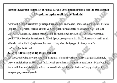 aromatik karbon kislotalar guruhiga kirgan dori moddalarining sifatini baholashda iq- spektroskopiya usulining qo′llanilishi — DOCX