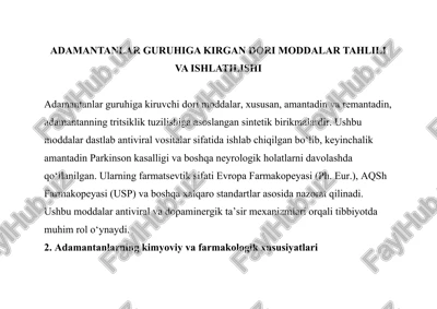 adamantanlar guruhiga kirgan dori moddalar tahlili va ishlatilishi — DOCX