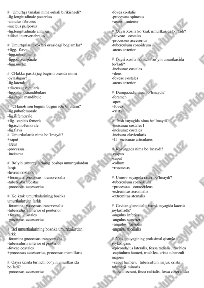 umurtqalar anatomiya test savollari — DOCX