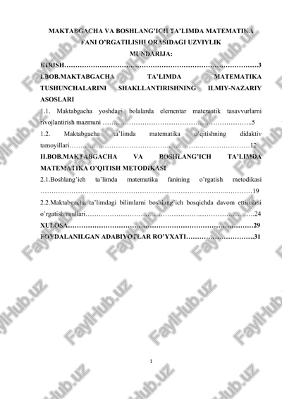 maktabgacha va boshlang’ich ta’limda matematika fani o’rgatilishi orasidagi uzviylik — DOCX