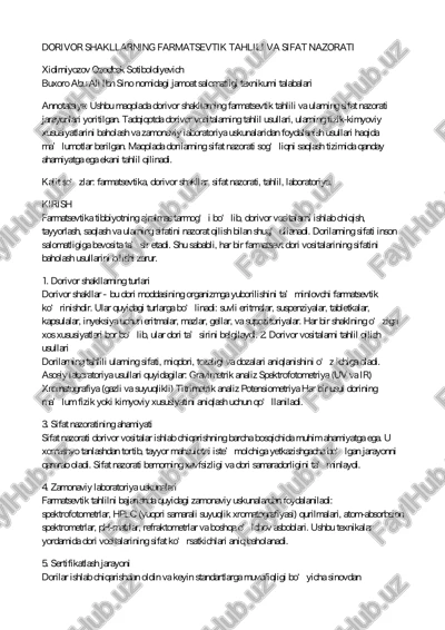 dorivor shakllarning farmatsevtik tahlili va sifat nazorati — PDF