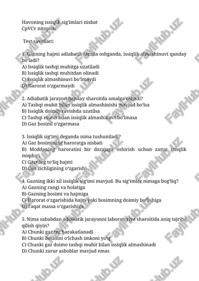 havoning issiqlik sig'imlari nisbat cpvcv nitopish — DOCX