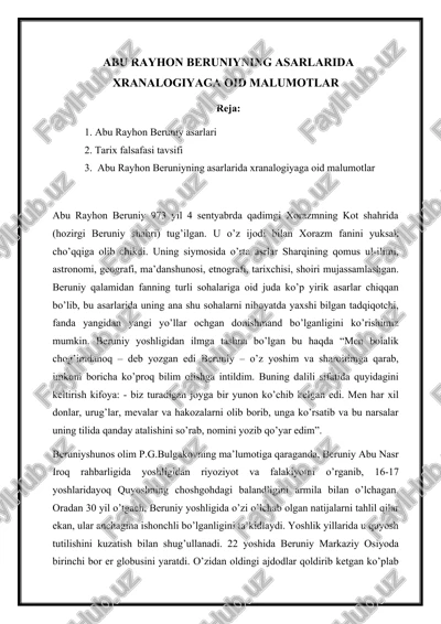 abu rayhon beruniyning asarlarida xranalogiyaga oid malumotlar — DOCX