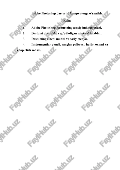 adobe photoshop dasturini kompyuterga o‘rnatish — DOCX