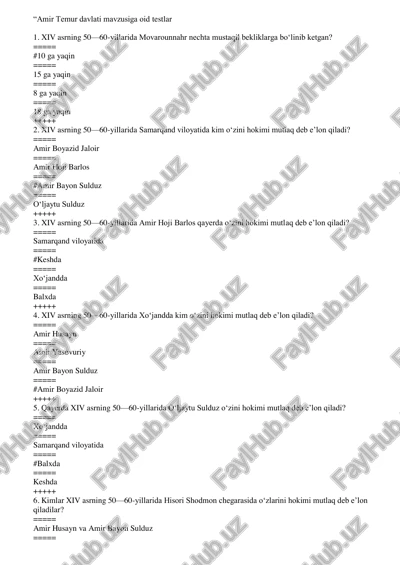 amir temur davlati mavzusiga oid testlar — PDF