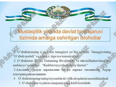o‘zbekistonning o°ziga xos taraqqiyot yo lini tanlashi — PPTX