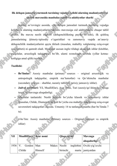 ilk dehqon jamoalari turmush tarzining vujudga kelishi va ularning madaniyatlarini tiklash — DOCX