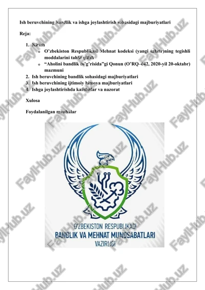 ish beruvchining bandlik va ishga joylashtirish sohasidagi majburiyatlari — DOCX