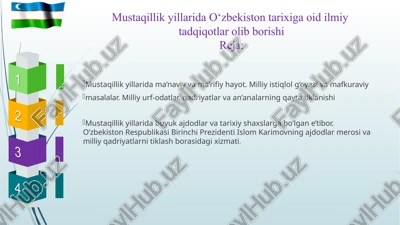 mustaqillikyillarida o‘zbekiston tarixiga oid ilmiy tadqiqotlar — PPTX