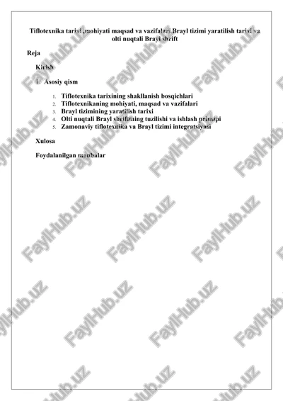 tiflotexnika tarixi, mohiyati, maqsad va vazifalari — DOCX