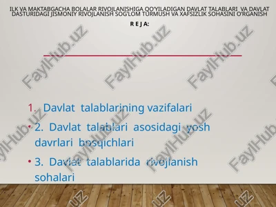o’zbekiston respublikasining ilk va maktabgacha yoshdagi bolalar rivojlanishiga qo’yiladigan davlat talablari — PPTX
