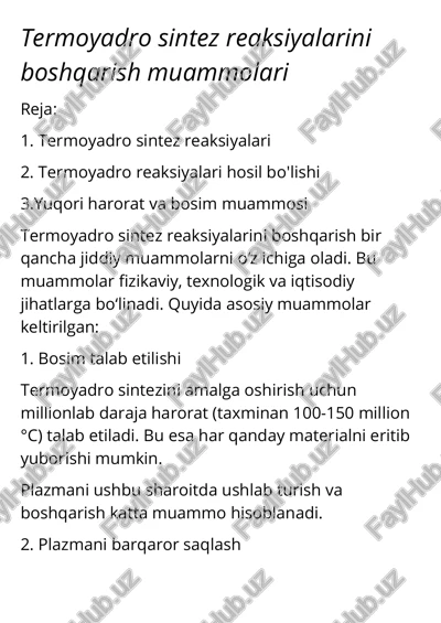 termoyadro sintez reaksiyalarini boshqarish muammolari — PDF
