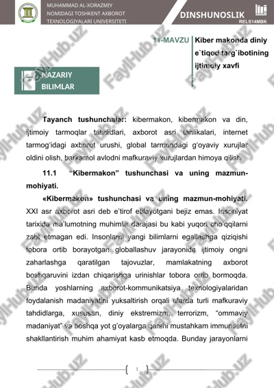 kiber makonda diniy e`tiqod targ`ibotining ijtimoiy xavfi — DOCX