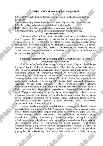 mustaqil o’zbekistonning tashqi siyosati asoslari va jahon hamjamiyatiga qo’shilishi — DOC