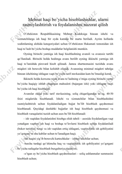 mehnat haqi bo’yicha hisoblashishlar, ularni rasmiylashtirish va foydalanishni nazorat qilish — DOC