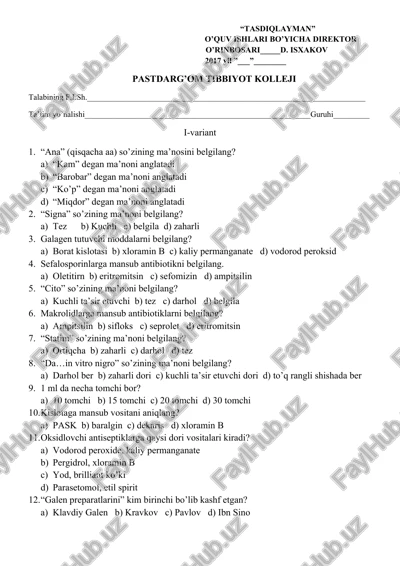 farmakologiya fanidan yakuniy testlar — DOCX