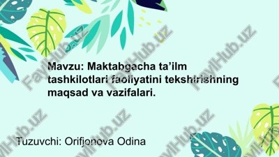 maktabgacha ta'lim tashkilotlari faoliyatini tekshirishning maqsad va vazifalari — PPTX