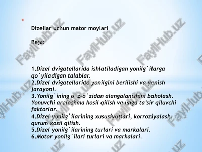 dizeldvigatellarida ishlatiladiganyonilg`ilar — PPTX