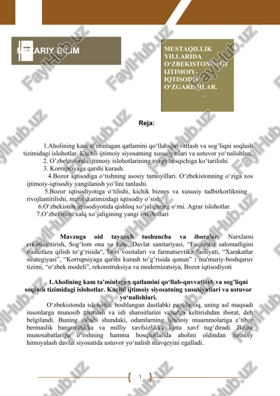 mustaqillik yillarida o‘zbekistondagi ijtimoiy-iqtisodiy o‘zgarishlar. — DOCX