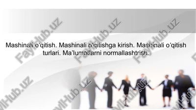 mashinali o‘qitish. mashinali o‘qitishga kirish. mashinali oʻqitish turlari. maʼlumotlarni normallashtrish. — PPTX