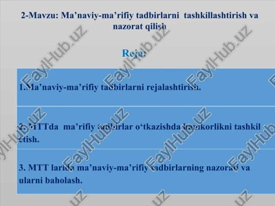 ma’naviy-ma’rifiy tadbirlarni tashkillashtirish va nazorat qilish — PPT
