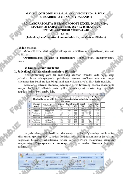 microsoft excel dasturida ma’lumotlarni ko’rish, qayta ishlash va umumlashtirish vositalari — DOCX