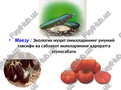 ekologik muhit omillarining umumiy tavsifi va sabzavot ekinlarining haroratga munosabati — PPT