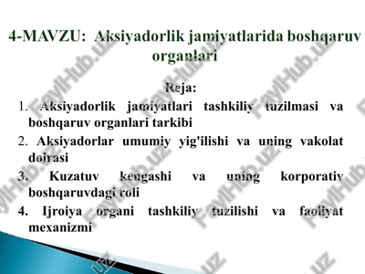 aksiyadorlik jamiyatlarida boshqaruv organlari — PPT