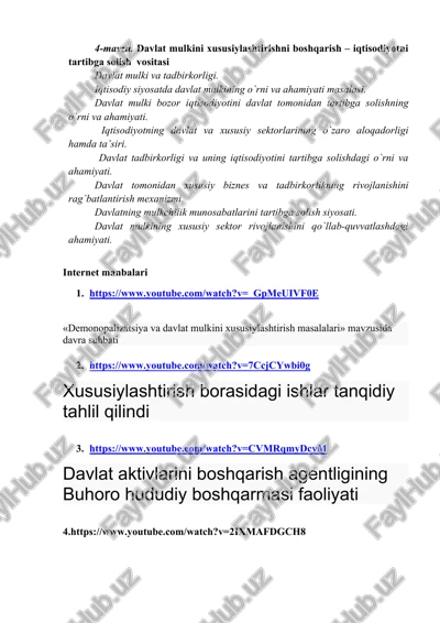 davlat mulkini xususiylashtirishni boshqarish – iqtisodiyotni tartibga solish vositasi — DOCX