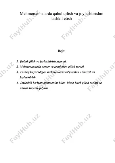 mehmonxonalarda qabul qilish va joylashtirishni tashkil etish — DOC