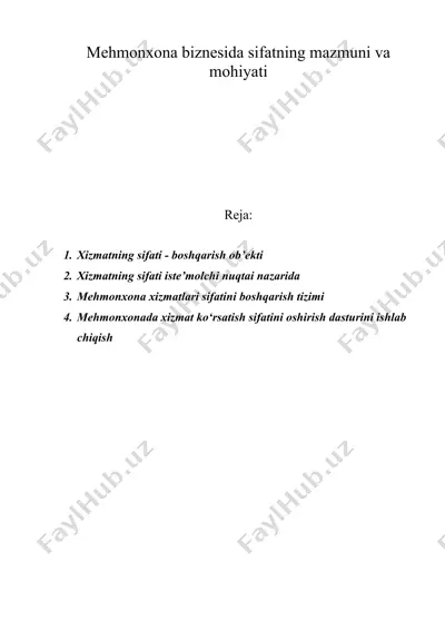 mehmonxona biznesida sifatning mazmuni va mohiyati — DOC