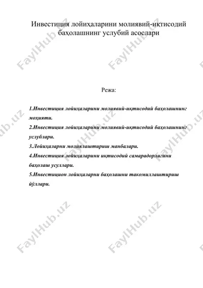 инвестиция лойиҳаларини молиявий-иқтисодий баҳолашнинг услубий асослари — DOC