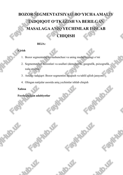 bozor segmentatsiyasi bo‘yicha amaliy tadqiqot o‘tkazish va berilgan masalaga aniq yechimlar ishlab chiqish — DOCX