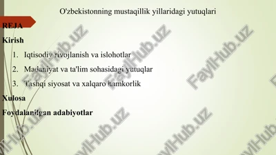 o'zbekistonning mustaqillik yillaridagi yutuqlari — PPT
