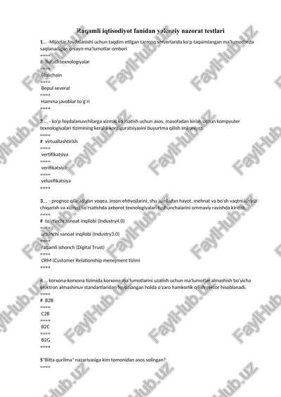 raqamli iqtisodiyot fanidan yakuniy nazorat testlari — DOCX