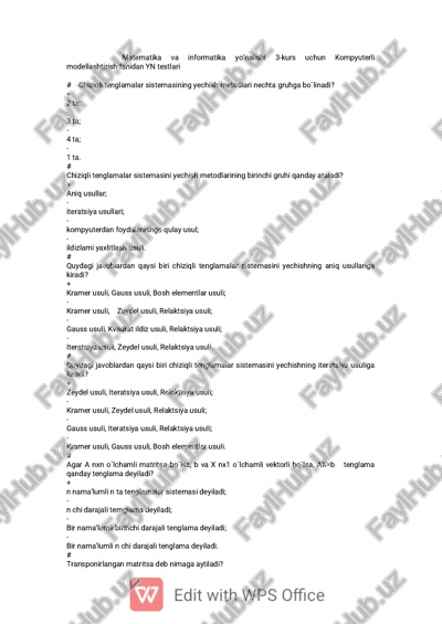 kompyuterli modellashtirish fanidan yn testlari — PDF