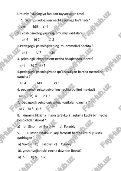 umimiy psixologiya testi — DOCX