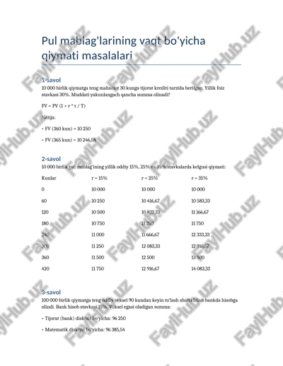 pul mablag'larining vaqt bo'yicha qiymati masalalari — DOCX
