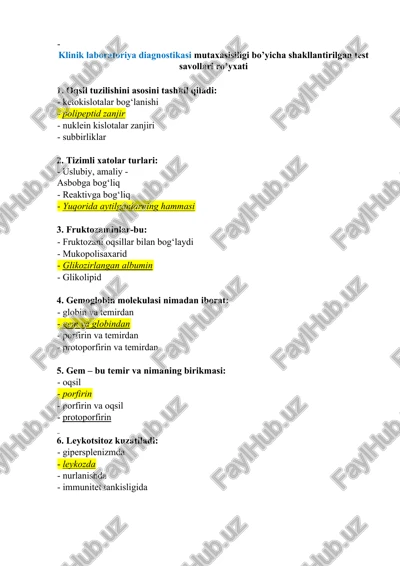 klinik laboratoriya diagnostikasi mutaxasisiligi bo’yicha shakllantirilgan test savollari ro’yxati — DOCX