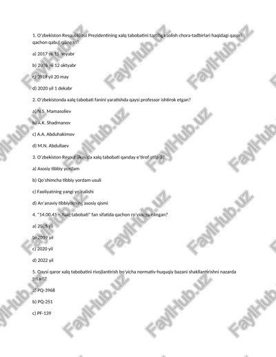 xalq tabobati fanlarini sinovdan o'tish testlar to'plami — DOCX